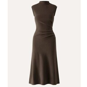 OGL Mockneck Tucks Midi Dress Women Large Hazelnut Coco Minimalist Chic Cozy NWT